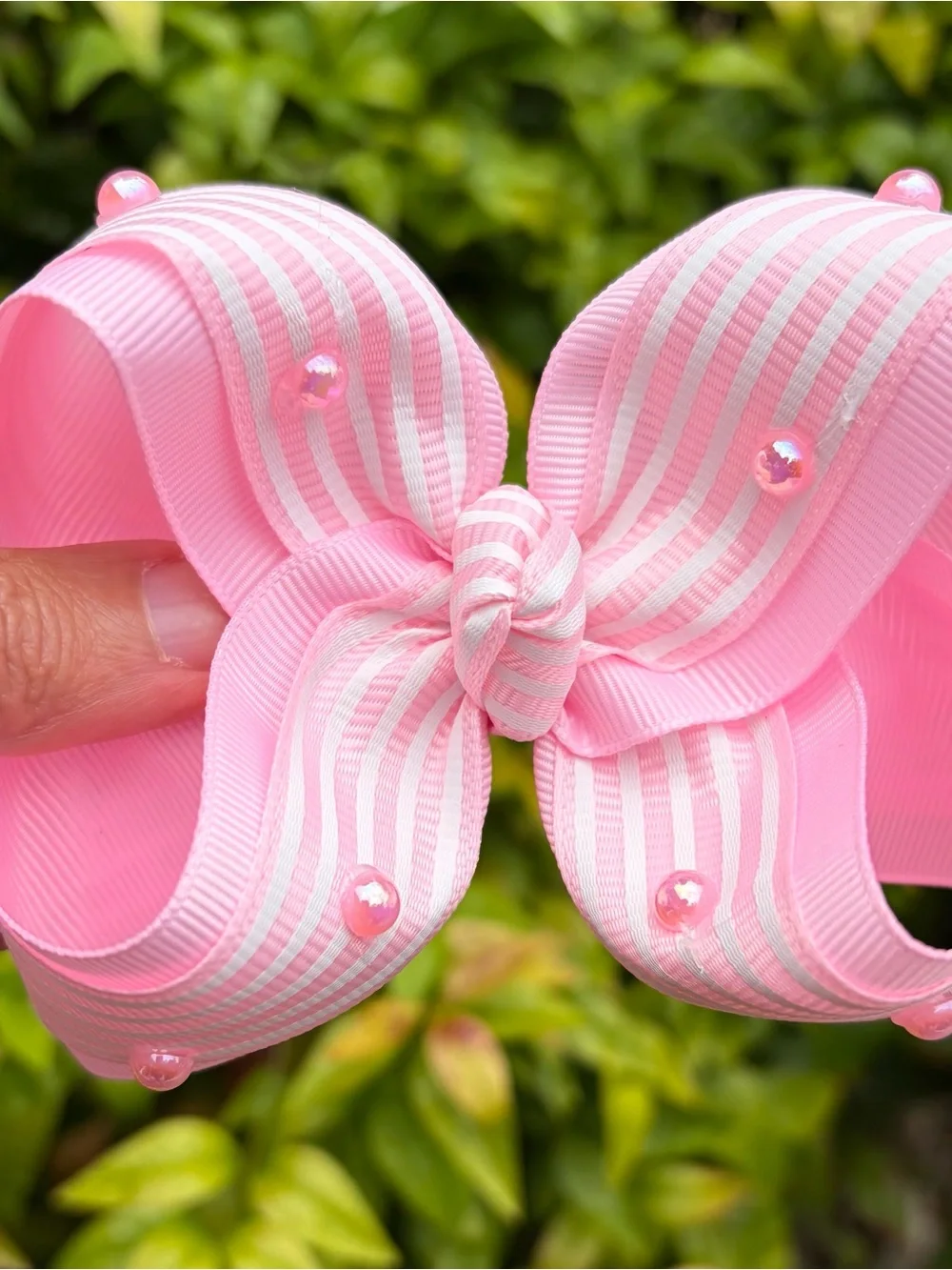 Pink Striped Bow Hair Clip with Pink Rhinestones